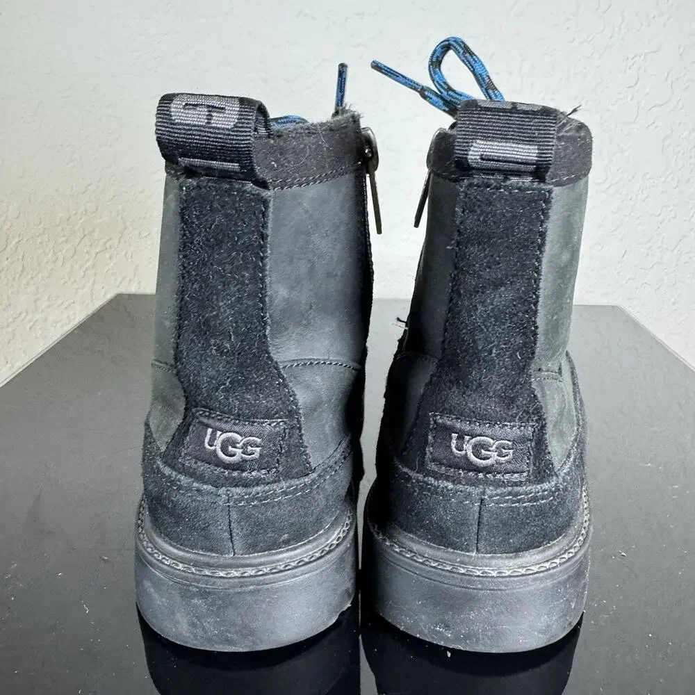 Ugg Robley Kids Waterproof Leather Boots Shoes 2 Black Blue Laces Zip Suede EUC